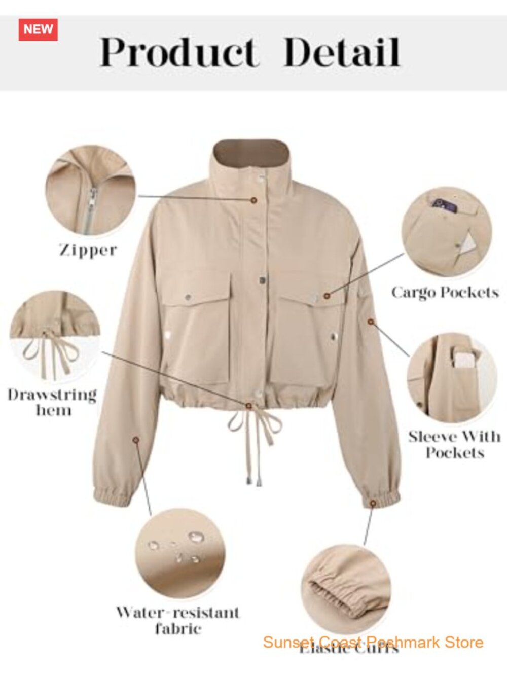 Womens Cropped Bomber Jacket Zip Up Lightweight Utility Anorak Coat With Pockets - Picture 6 of 7